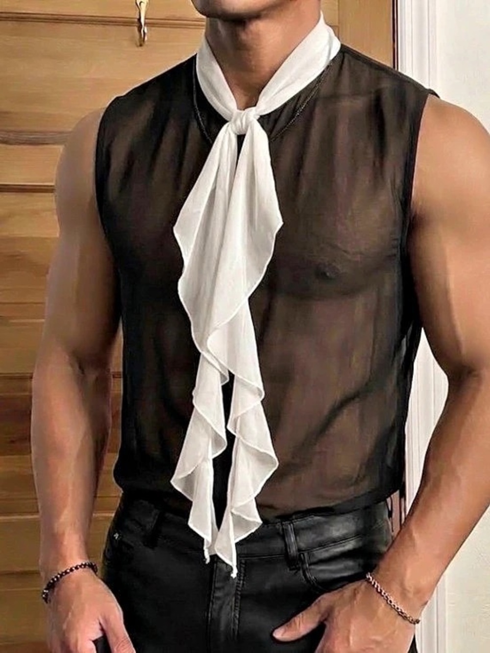 Men’s Sheer Black Sleeveless shirt with White ruffles | L